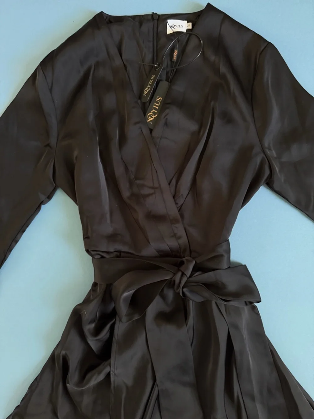 NWT Mooyius Ruffle Draped Satin Black High Low Formal Maxi Dress - Picture 5 of 6